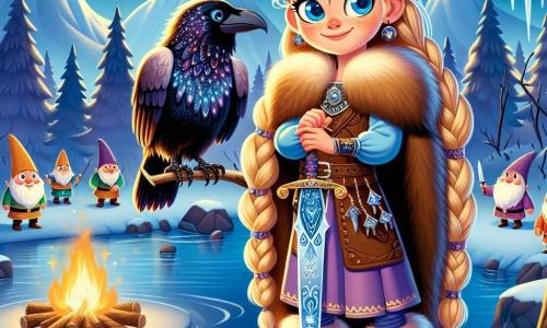 Uma jovem viking chamada Astrid, com cerca de 12 anos, está à beira de um lago congelado, com os olhos brilhando de excitação e determinação. Ela tem longas tranças douradas que brilham sob a luz da lua e veste uma túnica de pele marrom e um cinto adornado com runas. Em sua mão, ela segura a magnífica Espada de Gelo, uma espada cintilante com reflexos azuis e prateados. Ao seu lado, um corvo sábio e travesso, empoleirado em seu ombro, observa atentamente a cena, com suas penas negras brilhando à luz. Ao fundo, duendes de rostos redondos e sorridentes dançam em torno de uma fogueira, suas roupas coloridas e chapéus pontudos adicionando um toque de magia à atmosfera. O local é uma paisagem encantada, com montanhas majestosas cobertas de neve, árvores com galhos carregados de cristais de gelo, e um céu estrelado que ilumina a cena com um brilho suave e misterioso. A situação principal mostra Astrid, pronta para mergulhar na água e recuperar a lendária espada, cercada por criaturas encantadas que a incentivam com risos alegres e cantos melodiosos.