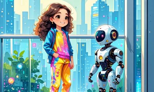 In het midden van de afbeelding staat een 12-jarig meisje, Evi, met lang, krullend lichtbruin haar en nieuwsgierige ogen, op een glazen balkon. Ze draagt een futuristische jumpsuit in felle kleuren, versierd met technologische patronen, en heeft een brede glimlach van opwinding. Naast haar zweeft een kleine robot genaamd Pix, met een glanzend metalen lichaam en ronde, expressieve ogen, die haar bewonderend aankijkt. Op de achtergrond zien we de futuristische stad Luminara, met glinsterende wolkenkrabbers, vliegende voertuigen in de blauwe lucht en kleurrijke hologrammen. Hangende tuinen en luminescente bomen voegen een vleugje groen toe aan dit dynamische stadslandschap. Evi en Pix kijken samen naar de horizon, vol verlangen om op avontuur te gaan in de fascinerende stad vol mysteries.