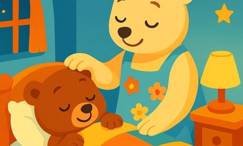 Ein kleiner brauner Bär mit runden, glänzenden Augen liegt in seinem gemütlichen Bett mit einer weichen, bunten Decke. Er hat einen friedlichen und gelassenen Ausdruck auf seinem Gesicht, mit einem leichten Lächeln. Mamabear, eine große Bärin mit weichem, cremefarbenem Fell, steht neben ihm, mit einem zärtlichen und beschützenden Blick, während sie sanft den Kopf des Bären streichelt. Sie trägt eine hübsche, blumige Schürze und wirkt ruhig und liebevoll. Die Szene spielt sich in einem warmen Zimmer mit pastellblauen Wänden und goldenen Sternen an der Decke ab. Eine kleine, sanfte Lampe beleuchtet den Raum und schafft eine beruhigende Atmosphäre. Der kleine Bär schließt die Augen, atmet tief ein, während Mamabear sanft mit ihm spricht und ihm hilft, innere Ruhe zu finden, bevor er einschläft.