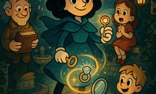 Una donna chiamata Elara, determinata e serena, tiene in una mano una chiave d'oro brillante e nell'altra un anello di cristallo, con una mantella blu petrolio che fluttua; volto giovane, occhi scuri, capelli neri ondulati, postura fiera al centro; a sinistra un vecchio venditore di circa 70 anni, rugoso e sorriso benevolo, tiene un vecchio libro di cuoio socchiuso che emana una luce morbida; a destra una bambina di circa 8 anni è seduta su un muretto coperto di edera, bocca spalancata d'incanto, vestito rosso semplice, mani giunte; un ragazzino di circa 7 anni è accovacciato ai piedi di Elara, guarda uno specchio argentato che riflette una luce blu, capelli biondi scompigliati, abiti nocciola; luogo: un giardino segreto veneziano di notte con muri di pietra coperti di edera scura, fontana di marmo muschiosa, lampade a olio sospese e canali scintillanti in lontananza; situazione principale: Elara riunisce i tre artefatti luccicanti — chiave d'oro, specchio argentato, anello di cristallo — mentre una luce dorata e blu sale a volute intorno a lei illuminando i volti dei bambini e le pietre; stile visivo: linee morbide, colori saturi e texture levigate, ombre delicate, espressioni esagerate ma tenere, atmosfera magica e sicura.