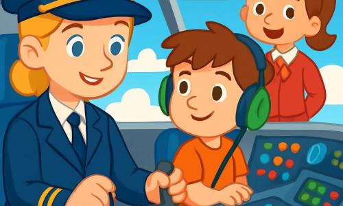 Una giovane pilota, Lucia, con occhi chiari come il cielo e un sorriso caloroso, si trova nella cabina di un grande aereo argentato. Indossa un'uniforme da pilota blu scuro, con un cappellino ornato da un distintivo dorato. Il suo volto esprime concentrazione e gioia mentre regola i comandi con sicurezza. Accanto a lei, Marco, un ragazzo di circa 10 anni, è il copilota. Ha i capelli castani disordinati e indossa delle cuffie. Guarda attentamente gli strumenti, con un sorriso di eccitazione sul volto. Sara, una ragazza di 8 anni, fa parte dell'equipaggio. Ha due trecce e un'uniforme rossa. Si trova dietro di loro, pronta ad accogliere i passeggeri con un grande sorriso. La cabina è piena di luci lampeggianti e strumenti colorati. Attraverso il finestrino, si intravede un cielo blu brillante punteggiato di nuvole bianche e soffici. La scena principale mostra Lucia che prende il controllo dell'aereo, pronta a decollare. I motori ronzano dolcemente e l'eccitazione è palpabile nell'aria. I tre personaggi sono uniti in questa avventura aerea, pronti a esplorare il cielo insieme.