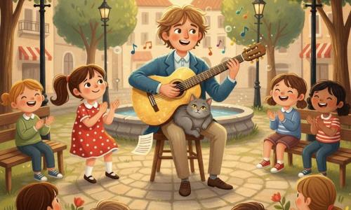 Un músico sonriente y amable, cabello castaño claro despeinado, ojos vivaces, chaqueta de lana azul y pantalón beige, sentado en una silla de madera en el centro de la plaza tocando una guitarra brillante con reflejos dorados, postura relajada; a su izquierda Lucía, niña de unos 8 años con coleta y vestido rojo de lunares, aplaude con una sonrisa; un gato gris y regordete duerme en el regazo del músico con una pata sobre una hoja; varios niños (5–10 años) sentados en bancos y en el césped marcan el ritmo, algunos con flores; la plaza circular de piedra tiene faroles de hierro, bancos y una fuente baja en medio, árboles de hojas verdes y un cielo de atardecer anaranjado; ambiente cálido y comunitario, notas de música coloridas flotan alrededor de la guitarra, luz dorada envolvente; estilo gouache con texturas visibles, pinceladas suaves, paleta cálida y proporciones infantiles con expresiones exageradas.
