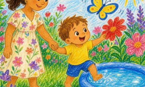 Bambino di 2 anni dal viso tondo, capelli castano chiaro, occhi grandi e sorriso, a piedi nudi sull'erba verde mentre tocca un grande fiore rosso; la mamma di circa 30 anni, capelli castani legati e vestito leggero a fiori, gli tiene la mano e lo guarda con tenerezza; a destra una piccola piscina gonfiabile blu con acqua che riflette il sole, il bambino ci mette un piede ridendo; una grande farfalla giallo-blu vola sopra i fiori vicino a lui; giardino estivo con erba e fiori (rossi, rosa, viola), cielo azzurro e sole; scena dolce e soleggiata in stile matite infantili, colori vivaci e contorni morbidi.