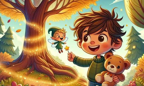 Un bambino di 3 anni, di nome Luca, con capelli castani disordinati e grandi occhi curiosi, sorride meravigliato davanti a un maestoso albero dalle foglie dorate. Indossa una maglietta blu e pantaloni corti di jeans, stringendo il suo orsetto Teddy, pieno di eccitazione. Accanto a lui, un folletto di nome Fiocco, con capelli verdi e un cappello a punta, fluttua gioiosamente nell'aria. Il luogo è un magnifico boschetto incantato, pieno di alberi con tronchi spessi e fiori colorati che danzano al vento. La luce del sole filtra attraverso il fogliame, creando riflessi dorati sul terreno coperto di foglie. La scena principale mostra Luca e Fiocco davanti all'Albero dei Desideri, dove Luca, con gli occhi chiusi, esprime il suo desiderio con grande concentrazione, mentre l'albero scintilla di una luce magica, pronto a esaudire il suo desiderio.