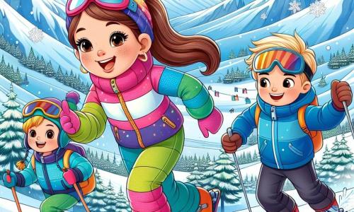 In einer verschneiten Alpenlandschaft steht ein 10-jähriges Mädchen namens Mia mit langen braunen Haaren, die zu einem Pferdeschwanz gebunden sind. Sie trägt einen bunten Skianzug und hat ein breites Lächeln im Gesicht. Voller Energie und Entschlossenheit ist sie bereit, die Piste mit ihren Skiern hinunterzufahren. Neben ihr steht Leo, ein 10-jähriger Junge mit blonden Haaren und funkelnden Augen, der seine Skibrille anpasst und ihr einen ermutigenden Blick zuwirft. Er trägt eine blaue Jacke und wirkt begeistert, bereit, sie auf diesem Abenteuer zu begleiten. Etwas weiter entfernt bereitet sich Tom, ein weiterer 10-jähriger Junge mit braunen Haaren und einem selbstbewussten Ausdruck, darauf vor, Anlauf zu nehmen. Er trägt einen Skihelm und hat ein entschlossenes Lächeln, bereit, die Herausforderung des Tages anzunehmen. Die majestätische Kulisse zeigt schneebedeckte Berge im Hintergrund, mit Tannen, die von funkelndem Schnee bedeckt sind. Der Himmel strahlt in einem leuchtenden Blau, und die Sonne scheint, was eine fröhliche und dynamische Atmosphäre schafft. Die Hauptsituation zeigt Mia, Leo und Tom, die gemeinsam die Piste hinunterfahren, lachen und sich gegenseitig anfeuern, was den Teamgeist und die Freundschaft, die sie in ihrer Leidenschaft für das Skifahren verbindet, verdeutlicht.