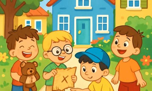 Há 4 crianças: - João: um menino de 7 anos, com cabelos castanhos bagunçados, vestindo uma camiseta vermelha e um short azul. Ele segura um urso de pelúcia nos braços e sorri alegremente. - Pedro: um menino de 6 anos, com cabelos loiros e óculos redondos, vestido com uma camisa xadrez verde e uma calça bege. Ele aponta uma seta no papel velho que segura. - Lucas: um menino de 7 anos, com cabelos pretos e um boné azul, vestindo uma camiseta amarela e jeans. Ele está agachado, examinando o papel com curiosidade. - Tiago: um menino de 6 anos, com cabelos castanhos e um grande sorriso, vestido com uma camiseta laranja e shorts vermelhos. Ele está em pé, olhando para a casa azul com admiração. O local é uma rua ensolarada, cercada por casas coloridas com janelas abertas. Árvores verdes e flores vibrantes trazem vida ao ambiente. Ao fundo, uma casa azul se destaca, com janelas brancas e um jardim cheio de flores. A situação principal da história mostra os quatro amigos reunidos em frente à casa azul, descobrindo um papel velho que parece um mapa do tesouro. Eles estão animados e curiosos, prontos para resolver o mistério do urso de pelúcia perdido.
