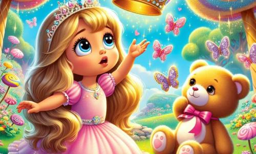 Princess Lila, a 7-year-old girl with long golden hair and a sparkling pink dress, gazes with wide, amazed eyes at her crown floating in the air, surrounded by delicate sparkles of butterflies. Beside her, her loyal teddy bear, a soft and fluffy companion, seems to encourage her with a friendly smile. In the background, brightly colored candy trees and giant flowers with multicolored petals create an enchanted landscape. The main scene shows Lila, puzzled yet joyful, reaching out toward her gently rising crown, while sparkling butterflies dance around her, adding a touch of magic to this fairy-tale moment.