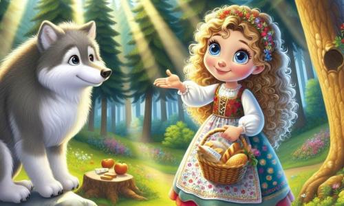 Una ragazza di 12 anni, di nome Sofia, si trova al centro della scena, con capelli ricci e dorati che brillano al sole. Ha occhi pieni di curiosità e un grande sorriso sul viso, che mostra il suo entusiasmo. Sofia indossa un vestito colorato, decorato con fiori, e tiene un piccolo cesto pieno di pane e formaggio, pronta a condividerlo con il suo nuovo amico. Alla sua destra, un grande lupo dal pelo grigio e morbido, con occhi espressivi e tristi, si trova su una roccia. Guarda Sofia con una luce di speranza negli occhi, come se aspettasse solo la sua amicizia per sentirsi accettato. Lo scenario è una splendida radura nel cuore di un vasto bosco, dove grandi alberi dai tronchi spessi si ergono maestosi, le cui foglie verdi filtrano la luce del sole. Fiori colorati punteggiano il terreno e raggi di luce danzano tra i rami, creando un'atmosfera magica e accogliente. La situazione principale mostra Sofia che tende il suo cesto verso il lupo, con un gesto amichevole, mentre il lupo, sorpreso ma curioso, si avvicina lentamente. L'aria è carica di una dolce tensione, simbolo dell'inizio di una bella amicizia tra una ragazza coraggiosa e un lupo frainteso.