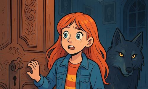 A 12-year-old girl, Lila, with long, fiery red hair, sparkling curious eyes, and a face marked by excitement and a hint of apprehension, stands before a massive carved wooden door, ready to enter an ancient mansion. She wears a denim jacket and a colorful t-shirt, her hands trembling slightly with anticipation. Beside her, a large mysterious wolf with shining eyes and iridescent fur watches her with a fascinating intensity, appearing both protective and wise. The mansion is dark and dusty, with crystal chandeliers hanging from the ceiling, casting dancing shadows on the walls adorned with old portraits. Cobwebs cling to the corners of broken windows, and a scent of old books and forgotten secrets lingers in the air. The main scene shows Lila, heart racing, pushing the mansion door, ready to uncover the secret passage that awaits her, while the wolf silently encourages her to step into the unknown.