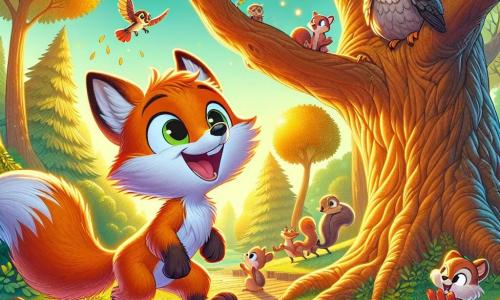A mischievous fox named Felix, with bright orange fur and a bushy tail, stands at the center of the scene, his face lit up by a determined smile. His eyes sparkle with excitement as he examines a large ancient oak tree, its golden leaves shimmering in the sun. To his right, a small squirrel named Hazel, with brown fur and bright eyes, joyfully claps from a low branch, encouraging Felix on his quest. To the left, a wise old owl named Oliver, with gray feathers and round eyes, watches closely from a higher branch, ready to offer advice. The setting is an enchanted clearing, surrounded by majestic trees with gnarled trunks, where sunlight filters through the foliage, creating dancing patterns on the ground. The main situation shows Felix, ready to solve a riddle to find the legendary Golden Acorn, symbolizing his adventure filled with courage and friendship.