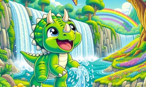 Een blije triceratops genaamd Trixie, met een stralende groene huid en drie hoorns op haar voorhoofd, staat aan de rand van een prachtige waterval en spettert water terwijl ze lacht. Haar grote, glanzende ogen stralen verwondering en vreugde uit. Naast haar vliegt Pippa, een pterosaurus met kleurrijke veren, vrolijk door de lucht, met uitgespreide vleugels, terwijl ze samen met Trixie lacht. Op de achtergrond strekt zich een betoverdal uit, vol met kleurrijke bloemen, grote bomen met dikke stammen en glinsterende regenbogen die boven de waterval verschijnen. De hoofdscène toont Trixie en Pippa die samen plezier hebben, spelend in het water en de magie van hun omgeving ontdekkend, omringd door de schoonheid van de natuur.