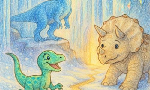 Een kleine, slanke velociraptor genaamd Vinnie met lichtgroene schubben en turquoise vlekken loopt voorop met een brede glimlach; rechts volgt Trixie, een ronde, zachte triceratops met crème‑ en bruinachtige platen en een beschermende poot op de sneeuw; achter hen staat de Ijskoningin, een grote nobele allosaurus met ijsblauwe schubben op een rots. Ze bevinden zich in een magische, ijzige vallei met gesculpteerde glasachtige wanden, fonkelende kristallen en poedersneeuw; een smal, goudkleurig pad scheurt door het ijs naar een zonovergoten open plek. De scène straalt hoop en kinderlijke avontuur uit, met levendige kleuren en krijtachtige texturen.