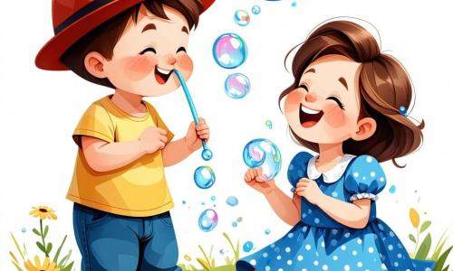 Un niño de 1 año, con una gran sonrisa y un pequeño sombrero rojo, está soplando en una popote para hacer burbujas. Sus mejillas están sonrojadas de emoción y sus ojos brillan de alegría. Junto a él, su mejor amiga Clara, una niña de 1 año, lleva un vestido azul con lunares y ríe a carcajadas. Ella está sentada en la hierba, con las manos levantadas, lista para atrapar una burbuja que se eleva. El lugar es un parque soleado, lleno de vegetación, con majestuosos árboles y flores coloridas que bailan con el viento. Burbujas brillantes flotan en el aire, creando un ambiente mágico y alegre. La escena principal muestra a Juanito y Clara jugando juntos, rodeados de burbujas que ascienden al cielo, mientras sus amigos llegan para unirse a ellos y divertirse.