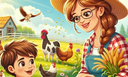 A cena ocorre em uma fazenda ensolarada, com campos verdes e animais felizes. Em primeiro plano, a fazendeira Clara, uma mulher de trinta anos, sorridente e cheia de vida, usa um chapéu de palha e uma camisa xadrez. Ela está alimentando galinhas com milho, seus olhos brilhando de felicidade. Ao seu lado, Miguel, um menino de 7 anos, curioso e entusiasmado, com cabelos castanhos bagunçados e uma camiseta colorida, segura um punhado de milho, pronto para alimentar as galinhas. Ele admira Clara, de pé ao seu lado. Ao fundo, a fazenda é cercada por campos de flores silvestres, com vacas pastando tranquilamente e uma grande árvore sombreada onde pássaros cantam. A cena principal mostra Clara e Miguel compartilhando um momento feliz, alimentando juntos os animais da fazenda, ilustrando o amor e a curiosidade de Miguel pela vida no campo.