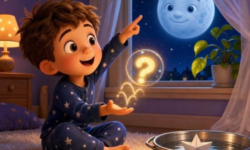Noé, menino de 4 anos maravilhado e sorridente, cabelo castanho desgrenhado, de pijama azul-escuro com pequenas estrelas brancas, sentado no tapete apontando para a janela e alcançando uma pequena luz flutuante em forma de ponto de interrogação que salta três vezes, amarelo pálido e cintilante; a Lua grande e amigável aparece pela janela com rosto suave e sorriso; um barquinho de papel branco flutua numa bacia prateada refletindo a lâmpada, e uma pequena planta em vaso inclina-se para dentro; quarto noturno e acolhedor com paredes lavanda, estrelas pintadas, cortina translúcida ao vento, tapete creme e luminária quente; cena centrada em Noé e na luz, perspectiva íntima e contraste suave entre o interior quente e o céu frio, mostrando três caminhos imaginários (vento na cortina, barquinho na bacia, planta que se anima).