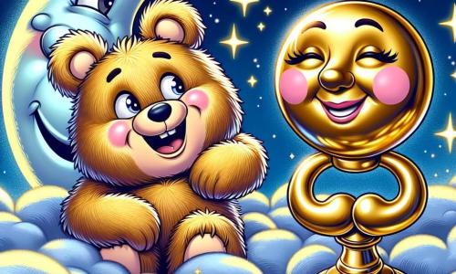 A teddy bear named Bumble, with soft golden fur, sparkling eyes, and a wide smile, is sitting on a fluffy cloud, laughing heartily. Next to him, a brass doorknob named Miss Polina, with a polished face and shiny cheeks, is joyfully floating in the air. In the background, a smiling moon, with closed eyes and tired circles, rests on a bed of clouds, surrounded by twinkling stars. The scene takes place in a starry sky, with soft, cottony clouds, creating a peaceful and dreamy atmosphere. Bumble and Miss Polina are ready to offer the moon a sweet sleep, filled with joy and friendship.