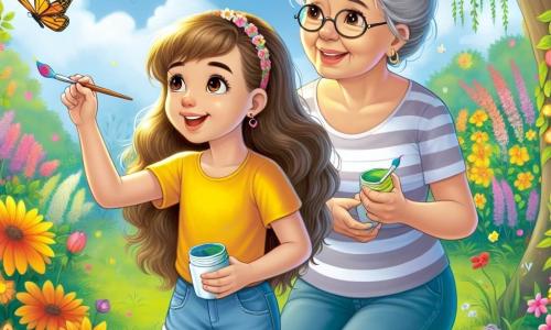 Ein 10-jähriges Mädchen, Mia, mit langen braunen Haaren und strahlenden Augen, malt bunte Ostereier im Garten. Sie trägt ein leuchtend gelbes T-Shirt und eine Jeansshorts, und ihr Lächeln strahlt vor Aufregung. Neben ihr beobachtet ihre Großmutter, eine ältere Frau mit grauen Haarknoten und Brille, sie liebevoll, während sie einen Pinsel in der Hand hält. Der Garten ist voller leuchtender Blumen, schwirrender Schmetterlinge und eines großen Baumes mit grünem Laub, was eine fröhliche, frühlingshafte Atmosphäre schafft. Mia und ihre Großmutter sind von vielen bemalten Eiern umgeben, und die Luft ist erfüllt von Lachen und Kreativität, während sie die große Ostereiersuche vorbereiten.