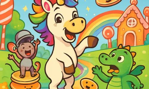 Een eenhoorn genaamd Flip, met een glanzende regenboogmanen en sprankelende ondeugende ogen, staat in het midden van de afbeelding. Ze heeft een grote blije glimlach en een spiraalvormige staart die in de lucht danst. Flip springt vrolijk met haar voorpoten omhoog, terwijl glitters om haar heen schitteren. Naast haar staat Miep, een klein grijs muisje met grote oren en een panvormige helm, die enthousiast haar armen in de lucht steekt. Ze staat op een stapel kleurrijke pannenkoeken die vrolijk zingen. Iets verderop probeert Bobbel, een ronde groene draak met glanzende schubben en ronde ogen, een ontsnapte pannenkoek te vangen, met zijn tong naar voren. De achtergrond toont een prachtig veld met kleurrijke bloemen, met suikerspinachtige bomen en een stralende blauwe lucht vol met snoepvormige wolken. In de verte leidt een regenboogpad naar een grote snoepwinkel, waar de race plaatsvindt. De hoofdscene toont Flip en haar vrienden in volle race, omringd door zingende pannenkoeken die om hen heen springen, wat een feestelijke en leuke sfeer creëert.