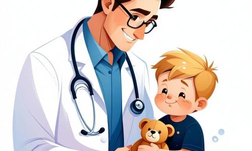 Un medic, doctorul Andrei, zâmbitor și binevoitor, poartă un halat alb și un stetoscop la gât. Are părul brun și ochelari rotunzi, ascultând cu atenție burtica unui băiețel. Băiețelul, Alex, are aproximativ 7 ani, părul blond și un chip îngrijorat. Ține un ursuleț de pluș în brațe, stând pe o masă de examinare, în timp ce doctorul Andrei se apleacă spre el cu un zâmbet liniștitor. Scena se desfășoară într-o clinică luminoasă și primitoare, cu pereți vopsiți în albastru deschis, afișe colorate cu personaje de desene animate despre sănătate și jucării împrăștiate pe o raft. Doctorul Andrei îl examinează pe Alex, care se plânge de dureri la burtă, și îi propune un sirop dulce pentru a-l alina, creând o atmosferă de încredere și confort.