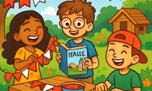 Er zijn 3 personages: - Sam: een 10-jarig jongen met rommelig kastanjebruin haar en een bril met ronde glazen. Hij draagt een blauwe t-shirt en een beige short. Hij staat in het midden en houdt een geïllustreerd boek over Italië vast. - Noor: een 10-jarig meisje met lange krullende haren en een grote glimlach. Ze draagt een gele bloemenjurk. Ze staat links van Sam en is bezig met het versieren van een rode en witte papieren slinger. - Bilal: een 10-jarig jongen met een rode pet en een groene t-shirt. Hij heeft een grote glimlach en zit rechts van Sam, terwijl hij kleine deegbollen maakt om pizza's te bereiden. De locatie is een mooie zonnige tuin, vol met kleurrijke bloemen en groene bomen. In het midden staat een grote picknicktafel versierd met papieren slingers. Op de achtergrond is een klein houten huisje en een blauwe lucht met witte wolken te zien. De hoofdscène toont de drie vrienden die een Italiaanse maaltijd aan het voorbereiden zijn, lachend en plezier makend, omringd door hun kleurrijke creaties, klaar om van hun heerlijke zelfgemaakte pizza's te genieten.