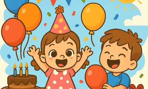 Una niña de 2 años, Ana, con grandes ojos brillantes y una sonrisa radiante, está en el centro de la escena, rodeada de globos coloridos. Lleva un bonito vestido rosa con lunares blancos y un pequeño sombrero de fiesta. Ana está llena de alegría, con los brazos levantados, lista para celebrar su cumpleaños. A su lado, un niño de 3 años, Juan, con el cabello castaño desordenado y una camiseta azul, sostiene un globo rojo y ríe alegremente. Al fondo, hay una mesa decorada con un gran pastel de chocolate, cubierto de velas coloridas, bajo un cielo azul soleado. La escena muestra a Ana y sus amigos cantando 