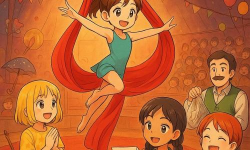 Hay cinco personajes: Nia, niña de ~7 años, pelo castaño en coleta apretada, traje de telas aéreas turquesa, suspendida entre grandes telas rojas a media altura sobre la pista, girando suavemente; Luna, niña de ~7 años, pelo rubio corto, vestido amarillo con estrellas, a la izquierda detrás de la cortina mirando a Nia con las manos juntas para enviar fuerza; Vera, niña de ~7 años, pelo negro trenzado, chaleco verde, a la derecha en primer plano con un gran papel arrugado con dibujos de sillas y una estrella pegada, sonriente y segura; Cami, niña de ~7 años, pelo pelirrojo en trenza, peto azul, en primer plano a la derecha riendo y aplaudiendo, con un avioncito de papel sobre el hombro del sonidista; Tomás, adulto de ~40 años y sonidista, bigote fino, chaleco brillante, pantalón algo húmedo, al fondo a la izquierda cerca de accesorios (cocos, cuencos, una pequeña bañera de plástico) haciendo el ruido del viento con una bolsa de plástico y campanillas. Lugar: una gran carpa de circo interior con suelo de madera encerada, pista circular con alfombra roja, gradas de madera llenas de niños de caras redondas y coloridas, luces cálidas, guirnaldas y globos, cuerdas y telas colgantes y objetos variados. Situación: Nia realiza su número de telas aéreas, en suspensión y girando bajo una luz dorada; sus amigas la animan desde los bastidores y la entrada, el sonidista crea un viento mágico con bolsa y campanillas y el público infantil aplaude maravillado.