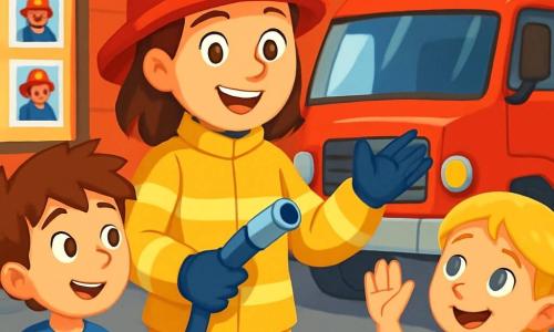 A firefighter woman, Fiona, with a big smile and sparkling eyes, wears a bright yellow suit and a red helmet. She proudly stands next to a shiny fire truck, showing her gear to the children. Max, an 8-year-old boy with messy brown hair, looks on in awe, wide-eyed, while holding a small toy fire truck in his hands. A little girl, Emma, aged 7 with blonde braids, raises her hand to ask a question, her face beaming with curiosity. The scene takes place inside a busy fire station, with red walls, rescue tools hanging, and a large bulletin board featuring photos of heroic firefighters. Fiona enthusiastically explains how she and her team prepare to respond to an emergency, surrounded by fascinated children listening attentively.