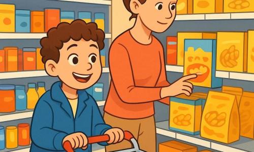 Ein 8-jähriger Junge mit lockigem, braunem Haar, einem warmen Lächeln und funkelnden Augen schiebt einen kleinen Einkaufswagen in einem Supermarkt. Er trägt eine etwas zu große blaue Jacke und beige Hosen. Neben ihm steht seine Mutter, eine Frau in ihren Dreißigern mit braunem, zum Dutt gebundenem Haar, die aufmerksam die Preise in den Regalen betrachtet und dabei konzentriert, aber sanft aussieht. Der Supermarkt ist hell, mit ordentlich sortierten Regalen, die mit bunten Produkten gefüllt sind. Werbeplakate und Preisschilder sind an den Regalen sichtbar. Die Hauptsituation zeigt den Jungen und seine Mutter, die die Preise der Produkte vergleichen, mit Schachteln von Cerealien und Paketen von Nudeln vor ihnen. Der Junge wirkt stolz und entschlossen, während seine Mutter ihm lächelt und seine wertvolle Hilfe anerkennt.