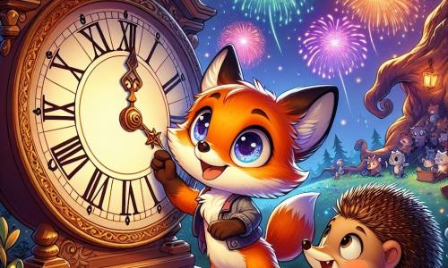 Een kleine feloranje vos genaamd Vinn, met grote nieuwsgierige ogen en een vrolijke glimlach, staat voor een grote antieke klok, zijn delicate pootjes raken voorzichtig de wijzerplaat aan. Naast hem kijkt een ondeugende eland genaamd Egbert, met een bruine schuilplaats en stekelige punten, met grote verwonderde ogen naar de klok, wat een voelbare opwinding uitdrukt. De setting is een betoverende open plek onder een sterrenhemel, waar een enorme majestueuze eik in het midden staat, met takken versierd met fonkelende lichtslingers. Kleurrijke vuurwerk verlicht de nachtelijke lucht, wat een feestelijke en magische sfeer creëert. Vinn en Egbert bereiden zich voor om de bel om middernacht te luiden, omringd door hun dansende dierenvrienden, allemaal enthousiast om het nieuwe jaar te vieren in een sfeer van vreugde en kameraadschap.