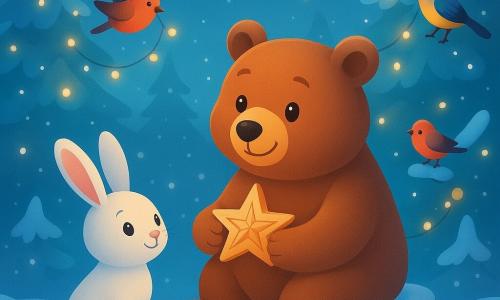 Un orso bruno di nome Bruno, con un sorriso caloroso e occhi scintillanti, è seduto su un ceppo d'albero innevato, tenendo una stella di legno finemente scolpita. Accanto a lui, un piccolo coniglio bianco, Fiocco, con le orecchie dritte e uno sguardo meravigliato, osserva la stella con ammirazione. Intorno a loro, uccelli colorati come pettirossi e cince volano gioiosamente appendendo piccole ghirlande ai rami degli abeti. La scena si svolge in una radura innevata, circondata da grandi alberi ricoperti di neve scintillante, illuminati da ghirlande luminose e fiocchi di neve che cadono dolcemente. È la vigilia di Natale e l'aria è piena di magia e calore dell'amicizia condivisa.
