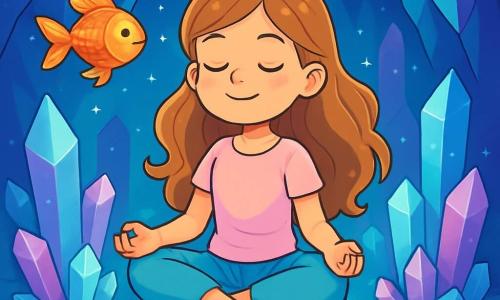 Una ragazza di 12 anni, con lunghi capelli ondulati di un marrone dorato, è seduta su una pietra di ametista, gli occhi chiusi e un sorriso sereno sul volto, respirando profondamente in un ambiente rilassante. Indossa pantaloni yoga leggeri e una maglietta pastello, e la sua espressione è dolce e pacifica, riflettendo una profonda tranquillità. Accanto a lei, un piccolo pesce rosso, fluttuando nell'aria, ha squame brillanti che scintillano come stelle. Nuota graziosamente attorno a lei, come se la incoraggiasse a rilassarsi ulteriormente. La scena si svolge in una grotta magica di cristalli, dove le pareti scintillano di mille colori, creando un'atmosfera incantevole. I cristalli traslucidi pulsano di luce attorno alla ragazza, e un lago di luce morbida si trova appena sotto il ponte di cristallo su cui è seduta. La situazione principale mostra la ragazza mentre medita, inspirando lentamente, mentre i cristalli intorno a lei danzano al ritmo della sua respirazione, creando un'atmosfera di calma e serenità.