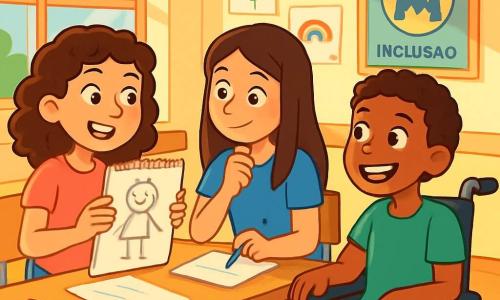 Há 3 personagens: - Lívia: uma menina de 12 anos, com cabelos cacheados castanhos, vestindo uma camiseta rosa e jeans. Ela sorri alegremente, segurando um caderno de esboços. - Mariana: uma menina de 12 anos, com cabelos longos e lisos, vestindo uma blusa azul e calças pretas. Ela observa atentamente Lívia, com um olhar pensativo, segurando uma caneta. - Ana: uma menina de 14 anos, com cabelos curtos e cacheados, sentada em uma cadeira de rodas. Ela usa uma camiseta verde e shorts, e tem um grande sorriso, mostrando sua alegria em compartilhar sua história. O cenário é uma sala de aula iluminada, com paredes decoradas com desenhos coloridos e cartazes sobre inclusão. Janelas deixam entrar a luz do sol, iluminando as mesas de madeira onde estão livros e lápis. A situação principal mostra as três meninas conversando em torno de uma mesa, com folhas de papel e lápis espalhados. Lívia desenha ideias em seu caderno, enquanto Mariana faz anotações. Ana, entusiasmada, compartilha suas experiências, e seus olhos brilham de empolgação. A atmosfera é calorosa e colaborativa, ilustrando a amizade e a inclusão.