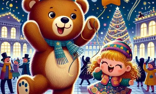 Un orso di peluche sorridente, con un pelo morbido e marrone, occhi rotondi e brillanti, danza gioiosamente in una piazza animata, con le braccia sollevate verso il cielo in segno di festa. Accanto a lui, una bambina dai capelli ricci e dorati, con un vestito colorato e un cappello festivo, ride divertita, tenendo un palloncino a forma di stella. La scena si svolge in una grande piazza illuminata da luci scintillanti e decorata con ghirlande colorate, con un enorme albero di Natale sullo sfondo, pieno di palline brillanti. Fuochi d'artificio esplodono nel cielo notturno, creando un'esplosione di colori vivaci. L'orso e la bambina festeggiano insieme il Capodanno, circondati da risate e gioia, mentre le persone ballano e si divertono attorno a loro, creando un'atmosfera festosa e magica.