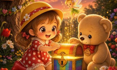 A joyful 4-year-old girl with a round face, big bright eyes, light freckles and light brown pigtails kneels in a colorful dusk garden, wearing red boots, a yellow hat and a polka-dot dress, smiling as she opens a small shiny locked rainbow chest with delicate hands; a soft beige teddy bear named Mr. Honey sits to her right watching the chest supportively, while a tiny garden fairy with iridescent wings, a green dress and golden hair hovers above, sprinkling sparkles; an ancient tree stands left, tulips, daisies and moss surround the flowerbed, golden rays filter through leaves, warm magical light, vivid colors, centered composition in chibi kawaii style with round features, soft shading and plush/wool textures.