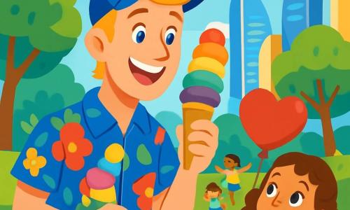 Lumen, um homem de sorriso radiante e cabelos dourados, usa uma camisa florida e um boné azul. Ele parece curioso e alegre, segurando um cone de sorvete colorido em sua mão. Ao lado dele, uma menina de 7 anos, com cabelos castanhos e cacheados, veste um vestido rosa e olha para Lumen com admiração, seus olhos brilhando de alegria. Ela segura um balão vermelho em forma de coração. O cenário é um parque vibrante de Brilhópolis, com árvores de folhas verdes brilhantes, flores coloridas e crianças brincando na grama. Ao fundo, vê-se edifícios futuristas com fachadas brilhantes sob um céu azul claro. A cena mostra Lumen, maravilhado com a beleza do parque, enquanto crianças riem e brincam ao seu redor, criando uma atmosfera de felicidade e camaradagem.