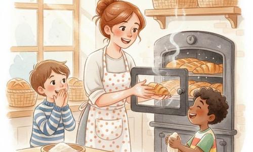 Uma mulher padeira sorridente e calorosa, cabelos castanhos presos em coque, avental de poás e mãos enfarinhadas, abrindo a porta de um forno de ferro para mostrar baguetes e croissants dourados; expressão alegre; à esquerda, um menino de ~8 anos (Pedro), cabelos curtos castanhos, suéter listrado, olhando maravilhado com as mãos junto à boca; à direita, um menino de ~6 anos (João), cabelos pretos encaracolados, camiseta colorida, segurando um pedaço de massa e rindo, inclinado para a padeira; interior de padaria claro e acolhedor, paredes creme, prateleiras de madeira com pães, cestos de vime, grande bancada de madeira com tigela de farinha tombada e marcas de massa, raios de luz suaves pela janela; cena principal: momento caloroso em que a padeira mostra os pães acabados aos dois meninos maravilhados, vapor leve subindo dos pães, textura crocante e dourada visível, atmosfera acolhedora com paleta quente e toques aquarelados.