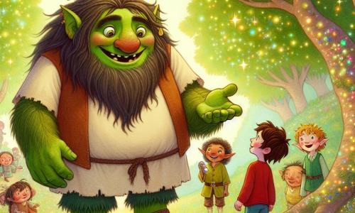 Un ogre prietenos, pe nume Ogri, stă în centrul imaginii, având pielea verde și ochii strălucind de bucurie. Zâmbește larg, cu dinți albi și păr zburlit, purtând o tunică simplă din pânză și sandale din piele. Ogri întinde mâna spre un grup de copii, invitându-i să se apropie cu o expresie caldă și primitoare. La dreapta lui, un băiat de 10 ani, Alex, are părul brunet și ochi curioși. Poartă un tricou roșu și o pereche de pantaloni scurți albaștri, admirându-l pe Ogri, ținând în mână o piatră strălucitoare. La stânga lui, un elf mic, Elfișor, are aproximativ 20 de centimetri, cu urechi ascuțite și o ținută colorată, zburând vesel în jurul lui Ogri, adăugând o notă de magie scenei. Fundalul se desfășoară într-un parc feeric, plin de flori colorate care par să cânte în bătaia vântului, cu copaci majestuoși și frunze strălucitoare. Cerul albastru deschis este presărat cu nori pufoși. Situația principală îl arată pe Ogri, Alex și Elfișor celebrând descoperirea unui artefact magic, înconjurați de o atmosferă veselă și luminoasă, pregătindu-se să ajute locuitorii satului cu magia pietrei.