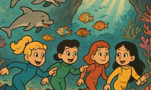 There are 4 children: Lily, a 10-year-old girl with curly blonde hair in a ponytail, wearing a blue wetsuit, swims ahead with a determined smile. Mia, a 10-year-old girl with short brown hair, wearing a green wetsuit, swims beside Lily, pointing at a school of colorful fish. Zoe, a 10-year-old girl with red hair and freckles, wearing a red wetsuit, swims slightly behind, marveling at the corals. Ava, a 10-year-old girl with long black hair, wearing a yellow wetsuit, swims next to Zoe, holding a rolled-up map in one hand. The setting is an enchanting underwater landscape with multicolored corals forming arches and tropical fish swimming in schools around the children. Sunlight rays pierce the water, creating luminous patterns on the sandy bottom. The main scene shows the children exploring a mysterious underwater cave, the entrance guarded by two playful dolphins swimming joyfully around them. The children move bravely towards the cave's interior, their eyes filled with curiosity and excitement.