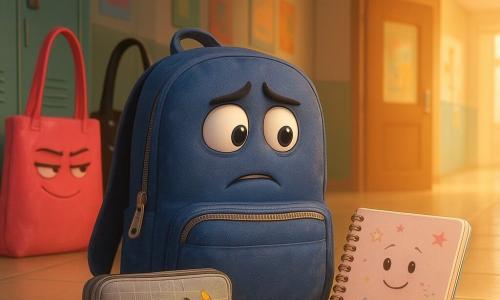The main character is a slightly worn navy fabric backpack with an anxious but determined expression, a partially open silver zipper, standing in a school hallway with a slight forward lean as if breathing deeply. Attached to its front pocket is Pencil Case, a rectangular gray pencil case patterned with small pencils, smiling reassuringly and leaning against the backpack. Beside the backpack is Maris, a spiral-bound notebook with a pastel cover doodled with stars and a small crab, open to a written page, looking confident and encouraging. In the background left are three shiny tote bags (the Corner Crew)—a glossy pink tote, a patent black tote, and a cream tote—holding haughty poses and scornful smiles, straps swinging and angled toward the backpack. The setting is a bright school corridor with glossy cream tiles, pale green lockers, colorful posters, and a Study Hall door open to warm light. The scene captures the tense moment just before the backpack says 