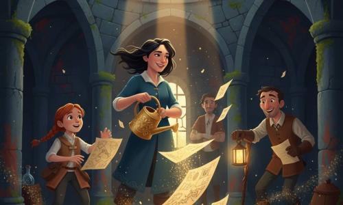 The scene shows Captain Mira, about 28, determined and smiling with wind-blown black hair, pouring rune-engraved golden watering can over floating ancient maps that glow with sparkling dust; beside her, 12-year-old Nellie with braided red hair and a canvas vest, eyes wide, grabs a glowing map; in the background to the right, Finn, a taciturn ~50-year-old with a lined face and sparse beard leaning on a cane, laughs softly holding a lantern; Lark, a gloved man in his thirties with an eager look, stands semi-shadowed by a broken window holding crumpled parchments; the setting is a stone fortress interior with cracked vaults, faded marine mosaics, green moss stains and a pierced dome letting a shaft of sunlight fall on the wet stone floor amid salted papers, glass vials and map fragments with golden dust revealing letters and drawings—an atmosphere of wonder and reconciliation; palette: deep sea blues, mossy greens, warm golds and rust red; dramatic lighting and a clean, smooth graphic style with soft gradients, light stone and metal textures, expressive silhouettes and saturated, child-friendly colors.