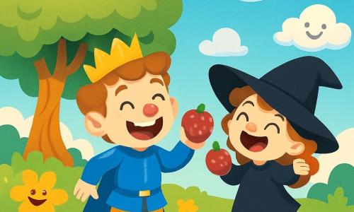 A joyful prince named Leo, with sparkling big eyes and a bright red nose, stands in the middle of a field of shimmering flowers. He wears a shiny blue tunic and golden pants, laughing heartily while holding a juicy Giggleberry in his hand. Next to him, Tilly, an 8-year-old little witch with curly hair and a large black hat that falls over her eyes, jumps for joy while holding a Giggleberry as well. Their environment is an enchanting landscape filled with colorful laughing flowers and a giant tree with fluffy leaves swaying in the wind. The sky is a bright blue, dotted with fluffy, smiling clouds. The main scene shows the prince and the witch enjoying the Giggleberries, laughing joyfully, surrounded by the cheerful magic of the enchanted kingdom.
