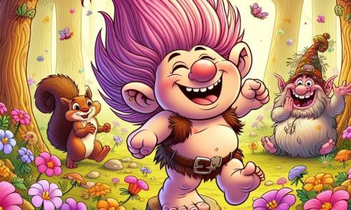 Un troll vesel numit Trifi, mic și plinuț, cu o coamă de păr roz ciufulit, dansează într-un câmp de flori colorate, zâmbind larg și arătându-și dinții albi. Alături de el, o veveriță jucăușă, cu blana maronie, sare plină de energie, iar un căpcăun amuzant, cu o burtă mare, râde pe un ciot de copac. În fundal, pădurea fermecată are copaci înalți cu frunze colorate și un râu care curge lin, cântând melodii vesele. Trifi, veverița și Gogonel se bucură de o paradă a florilor, creând o atmosferă plină de veselie și magie.