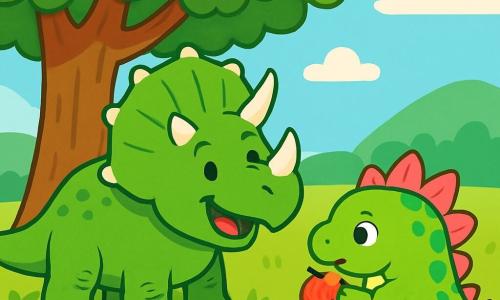 Ein fröhlicher Triceratops mit leuchtend grüner Haut und drei großen weißen Hörnern steht unter einem majestätischen Baum und lächelt mit funkelnden Augen vor Freude. Neben ihm frisst ein kleiner Stegosaurus mit rosa und grünen Platten, der neugierig aussieht, eine saftige Frucht. Die Szenerie zeigt eine weite grüne Wiese, übersät mit bunten Blumen, sanften Hügeln im Hintergrund und einem hellblauen Himmel. Die Szene zeigt Trixi und Stegi, die unter dem Schatten des großen Baumes Früchte teilen, lachen und gemeinsam in einem Moment der Freude und Freundschaft Spaß haben.
