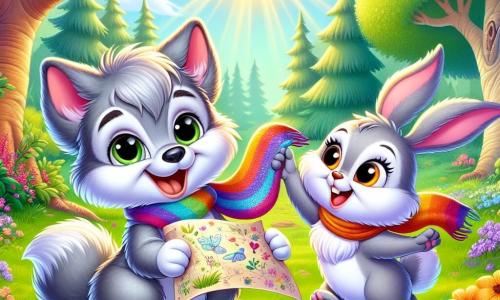 In an enchanted forest, a little wolf named Wally, with soft gray fur, bright eyes, and a big smile, holds a colorful map in his small paws, overflowing with excitement and love for his mom. Next to him, his friend Benny, an adorable rabbit with large white ears and sparkling eyes, joyfully hops while holding an old, soft, colorful scarf, looking delighted. The setting is a sunny clearing surrounded by majestic trees with vibrant green leaves, and colorful wildflowers dancing in the gentle breeze. The scene shows Wally and Benny preparing a surprise for Mother's Day, with radiant smiles, surrounded by treasures they've found, ready to create a magical moment for Wally's mom.