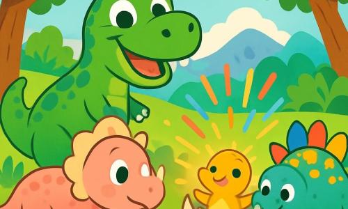Um Tyrannossauro Rex feliz, com escamas verdes brilhantes e grandes olhos cintilantes, está no centro da imagem, sorrindo amplamente. Ao seu lado, um pequeno tricerátopo em cores pastel, com chifres suaves e um olhar curioso, observa um ovo que acabou de eclodir. Um estegossauro, com suas placas coloridas nas costas, está um pouco atrás, olhando com admiração para o bebê dinossauro. O cenário é um magnífico vale pré-histórico, cheio de árvores frondosas, flores vibrantes e uma luz dourada que filtra pelas folhas. Ao fundo, montanhas suaves se delineiam sob um céu azul claro. A cena mostra o momento mágico em que o bebê dinossauro sai do ovo, com brilhos de luz e cores vivas, enquanto os três amigos dinossauros se reúnem ao seu redor, cheios de alegria e excitação.