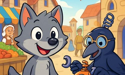 Um pequeno lobo com olhos brilhantes, pelagem cinza e orelhas pontudas está no centro da imagem, exibindo uma expressão de maravilha e curiosidade. Ele observa ao redor com um sorriso largo, descobrindo um mundo antigo. À sua direita, o professor Tico, um corvo inteligente com óculos redondos e plumagem negra brilhante, manipula ferramentas estranhas, com um ar concentrado e entusiasmado. O cenário é uma rua medieval animada, com casas de pedra e telhados de telhas vermelhas, bancas coloridas de frutas e legumes e transeuntes em trajes de época, adicionando um toque de magia ao ambiente. Ao fundo, um céu azul claro ilumina a cena, enquanto bandeiras flutuam suavemente ao vento. A situação principal mostra Lupi, o pequeno lobo, maravilhado com sua descoberta no passado, enquanto o professor Tico ajusta sua máquina do tempo, pronta para levá-los de volta para casa.