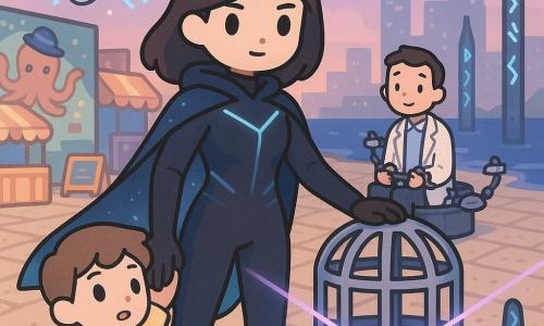 Astra, a determined yet gentle heroine with a focused, kind expression, in a matte black suit with comet-blue luminous lines and a translucent cape like a sliver of night sky, rests a hand on a large metallic cage-like device as she guides a thin curved violet beam toward coastal pylons; a small round companion drone (Pix), the size of a hazelnut with blue LED eyes, hovers by her hand projecting holographic arrows and data. Nearby on the coastal town square at dusk—light cobbles, colorful kiosks, banners, a mural of a top-hatted octopus, and dark sea with tall metal coastal pylons etched with blue runes—stands a wide-eyed ~10-year-old boy in a yellow hoodie holding an adult’s hand, watching reassured, while Dr. Vant, an elegantly dressed man in a white coat with a tight, surprised smile, is handcuffed by small security drones and seated on a platform behind the device; Astra calmly reverses the beam toward the pylons as an orderly crowd keeps back, dramatic lighting, soft palette, sharp contrasts, heroic and reassuring atmosphere.
