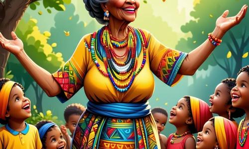 In het midden van de afbeelding staat Mama Tanda, een vrouw van ongeveer 70 jaar, met een grote warme glimlach. Ze heeft een donkere huid en grijs haar, versierd met kleurrijke kralen. Ze draagt een traditionele jurk met levendige patronen, en haar ogen stralen wijsheid en vriendelijkheid uit. Ze heft haar armen op, alsof ze de kinderen aanmoedigt om te zingen. Naast haar kijkt een jongen van ongeveer 10 jaar, met krullend haar en een gestreept shirt, vol bewondering. Hij houdt een kleine houten fluit vast en lijkt klaar om een vrolijke melodie te spelen. Iets verderop danst een 8-jarig meisje met vlechten en een kleurrijke jurk op de maat, met haar armen naar de lucht, vol vreugde en energie. De achtergrond is de majestueuze Berg van de Wijsheid, omringd door zachte wolken en groene bergen. De lucht is helderblauw en een gouden licht verlicht de scène, waardoor een magische sfeer ontstaat. De belangrijkste situatie toont Mama Tanda en de kinderen die samen zingen om een grote donkere wolk te verdrijven die hun dorp bedreigt. De afbeelding straalt vreugde, eenheid en collectieve kracht uit, en illustreert de kracht van diversiteit en vriendschap.