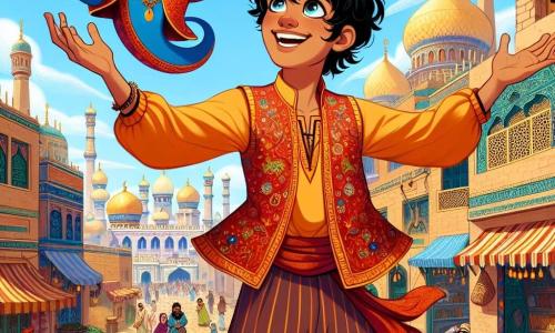 Aladdin, een jonge man van ongeveer 18 jaar, heeft zwart, krullend haar, sprankelende ogen vol nieuwsgierigheid en een warme glimlach. Hij draagt een brede, kleurrijke broek en een vest versierd met gouden patronen, en staat op een dak met zijn armen wijd open, met een verwonderde uitdrukking op zijn gezicht, terwijl hij zijn levendige stad bewondert. Naast hem zweeft Jinni, een vrolijke en kleurrijke geest. Hij heeft felblauwe huid, stralende ogen en vurig haar, en glimlacht breed terwijl hij een magische lamp in zijn hand houdt. De achtergrond toont een levendige oosterse stad, met drukke markten, fruit- en specerijenkramen, en gebouwen met gouden koepels en kleurrijke muren, onder een heldere blauwe lucht met donzige witte wolken. De hoofdscène toont Aladdin, verwonderd door de magie van zijn getransformeerde stad, terwijl Jinni naast hem klaar is om wensen te vervullen, wat het avontuur en de magie symboliseert die hen te wachten staan.