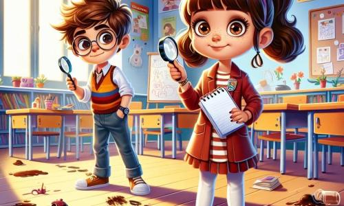 O fetiță de 8 ani, Luna, cu ochi mari și strălucitori și părul brun prins în coadă de cal, stă în centrul imaginii, având un aer hotărât și curios, ținând o lupă într-o mână și un carnet de notițe în cealaltă. Lângă ea, prietenul ei Andrei, un băiat de 8 ani cu părul castaniu în dezordine și ochelari rotunzi, se uită atent la o amprentă de ciocolată de pe podea, având un aer intrigat. În fundal, sala de clasă este decorată cu desene colorate și postere educaționale, cu birouri din lemn și o fereastră mare care lasă să pătrundă lumina zilei. Situația principală arată cum Luna și Andrei investighează misterul brioșelor dispărute, înconjurați de indicii misterioase, precum urme de ciocolată pe podea și hârtii împrăștiate, creând o atmosferă de aventură și curiozitate.